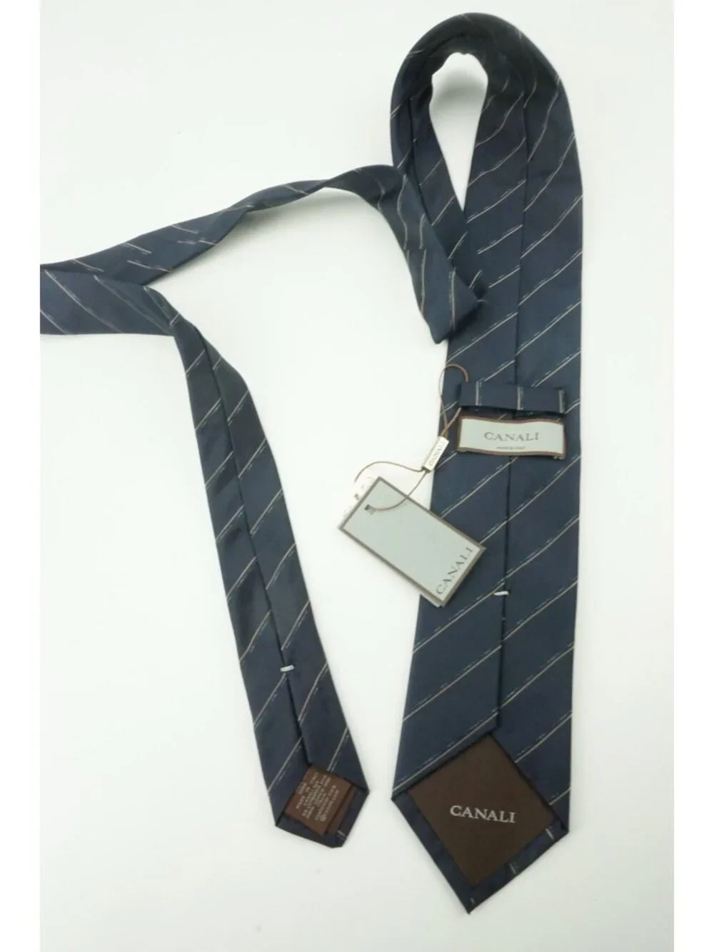 Canali Navy Blue Tortilla Beige Repp Striped Silk Tie Brand New With Tags